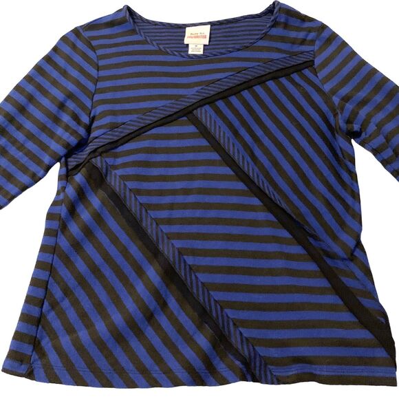 Ruby Rd Favorites Cobalt Blue & Black Striped Blouse Medium Preppy GrandmaCore - Picture 2 of 13